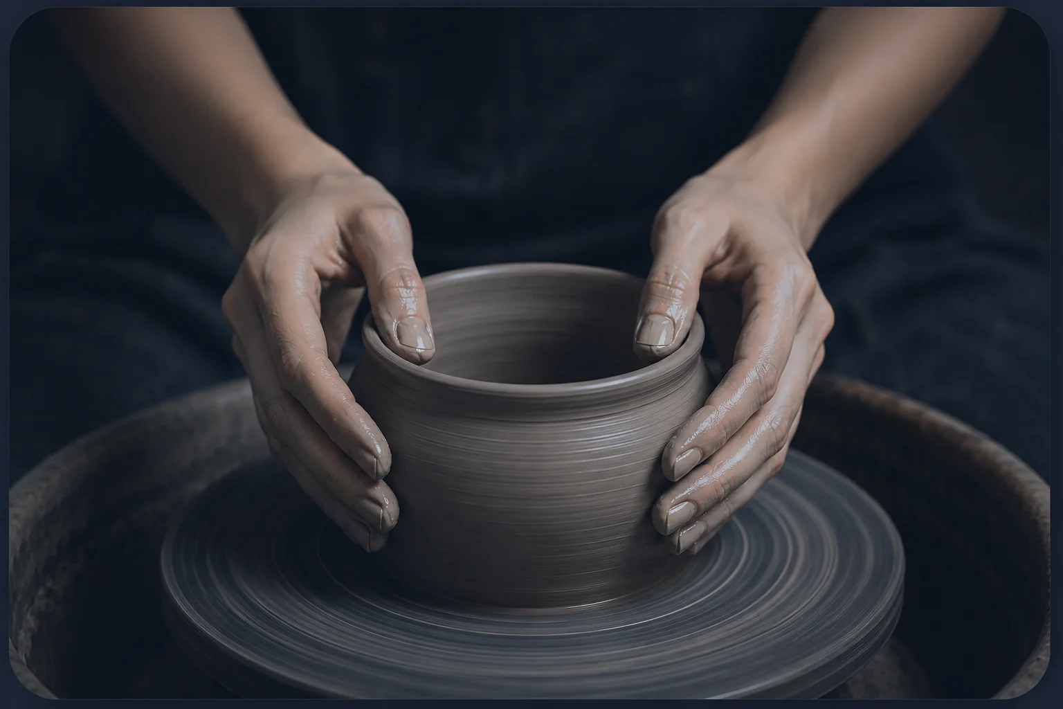 Hands shaping clay on a pottery wheel.